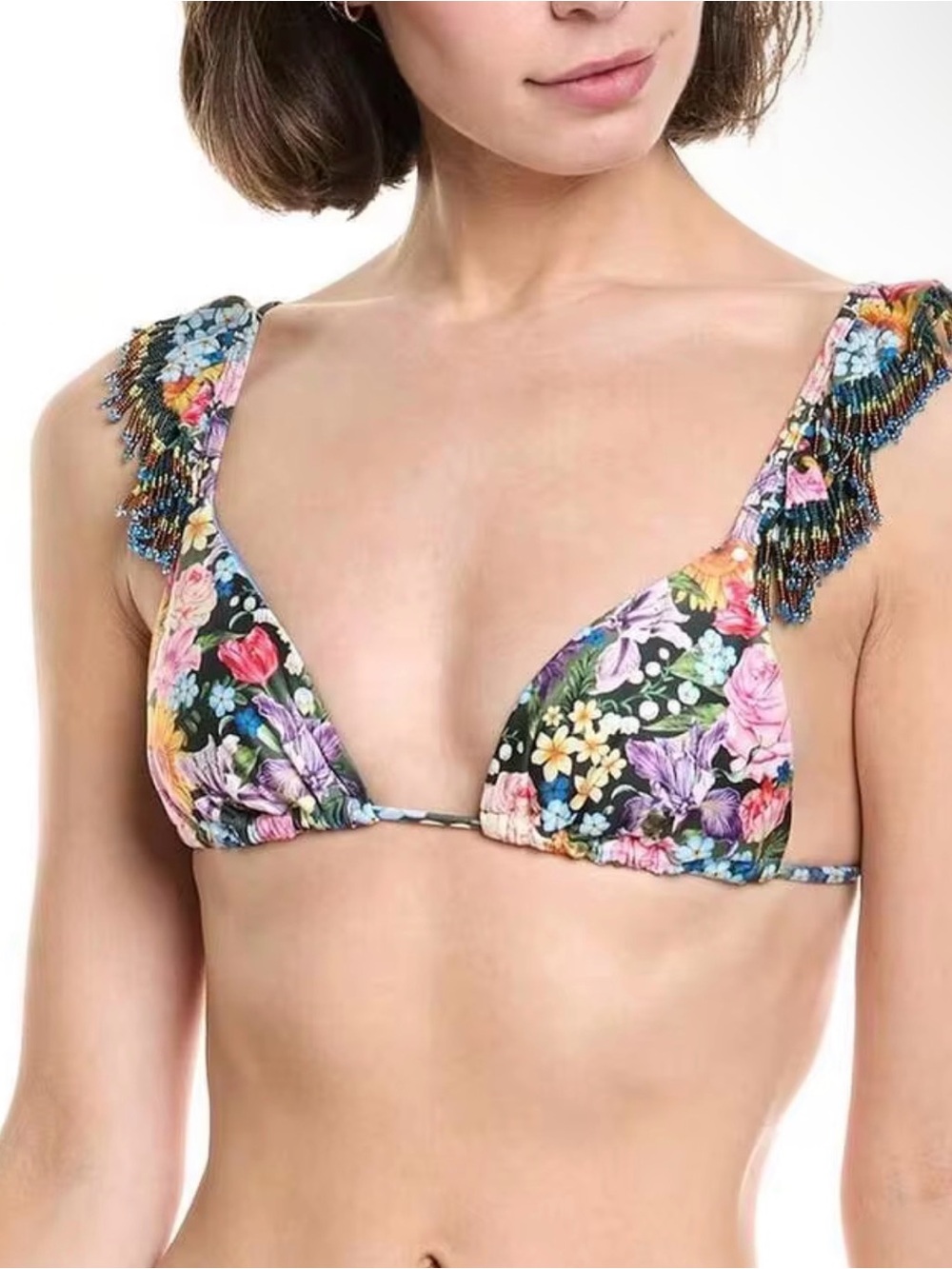 AGUA BENDITA ROSIE DREAMIN Floral Beaded Strap Triangle Bikini Top - Black MED